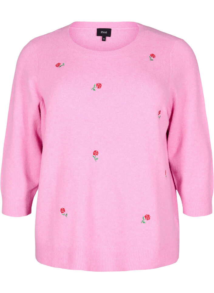 Gebreide blouse met bloemen en 3/4 mouwen, Begonia Pink Mel., Packshot image number 0