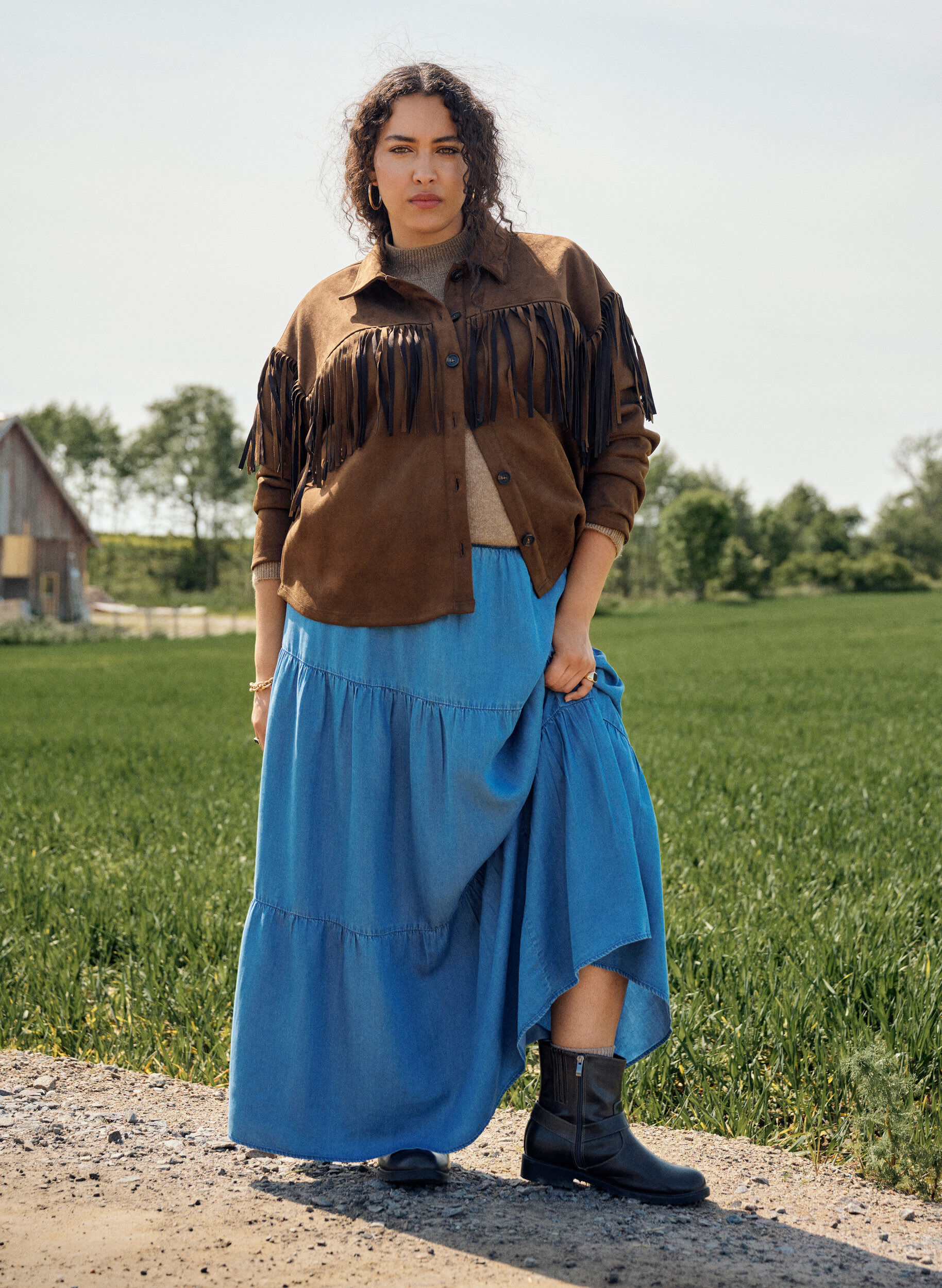 ZizziDenim maxi rok met ruches, Blauw, Image image number 0