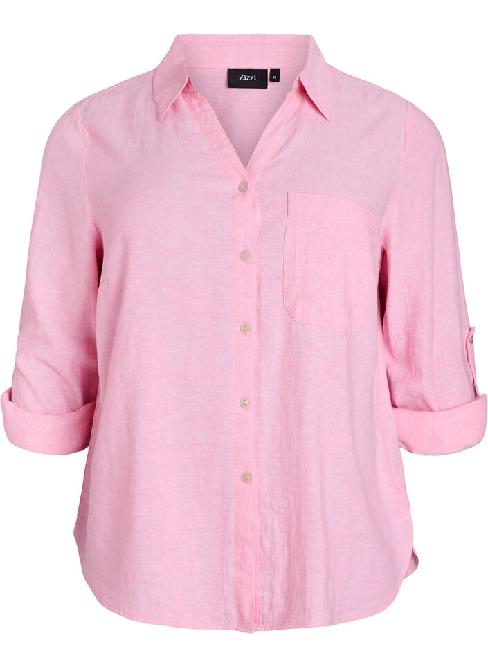 Linnen en viscose shirt met 3/4 mouwen, Roze, Packshot image number 0