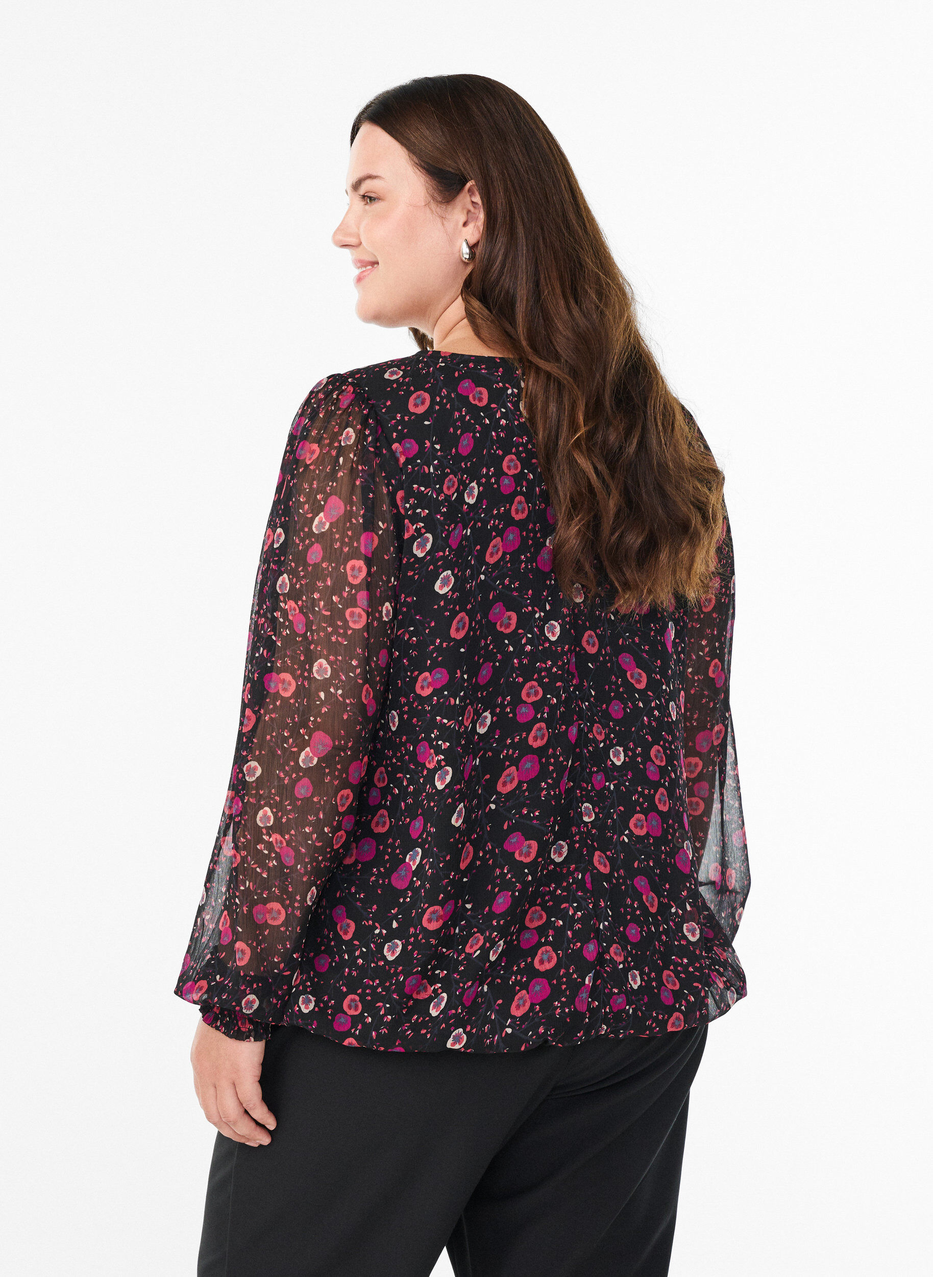 ZizziChiffon blouse met bloemenprint en sheer mouwen, Zwart, Model image number 2