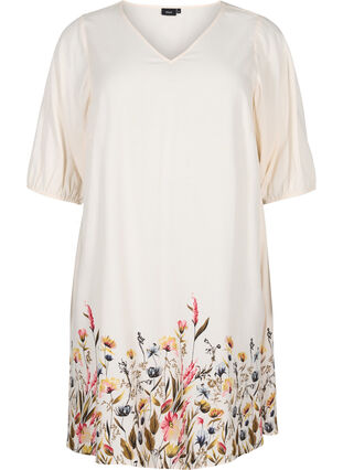 Gebloemde viscose jurk met korte mouwen, Off White Flower, Packshot image number 0