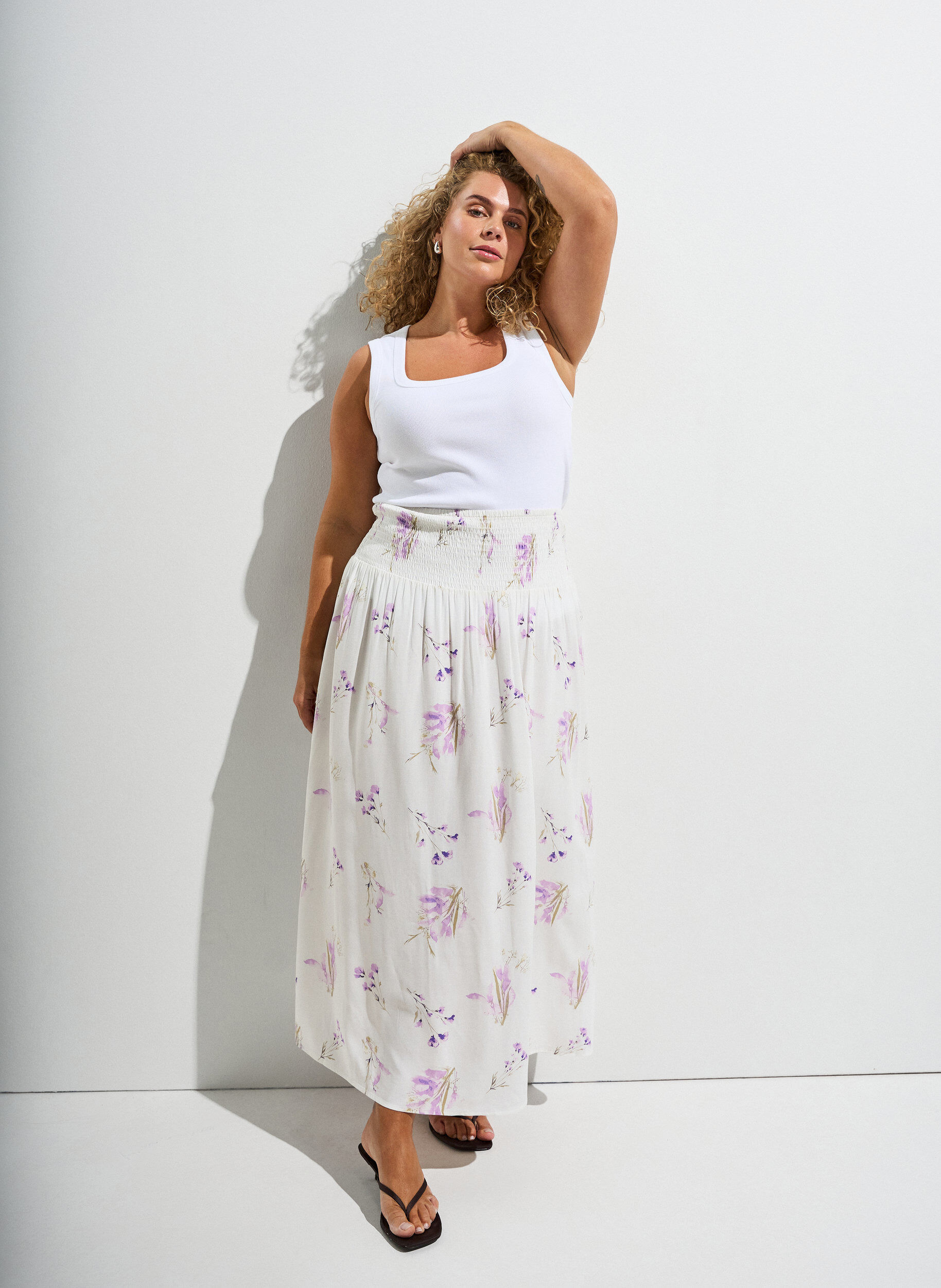 ZizziViscose maxi-rok met smock, Wit, Image image number 0