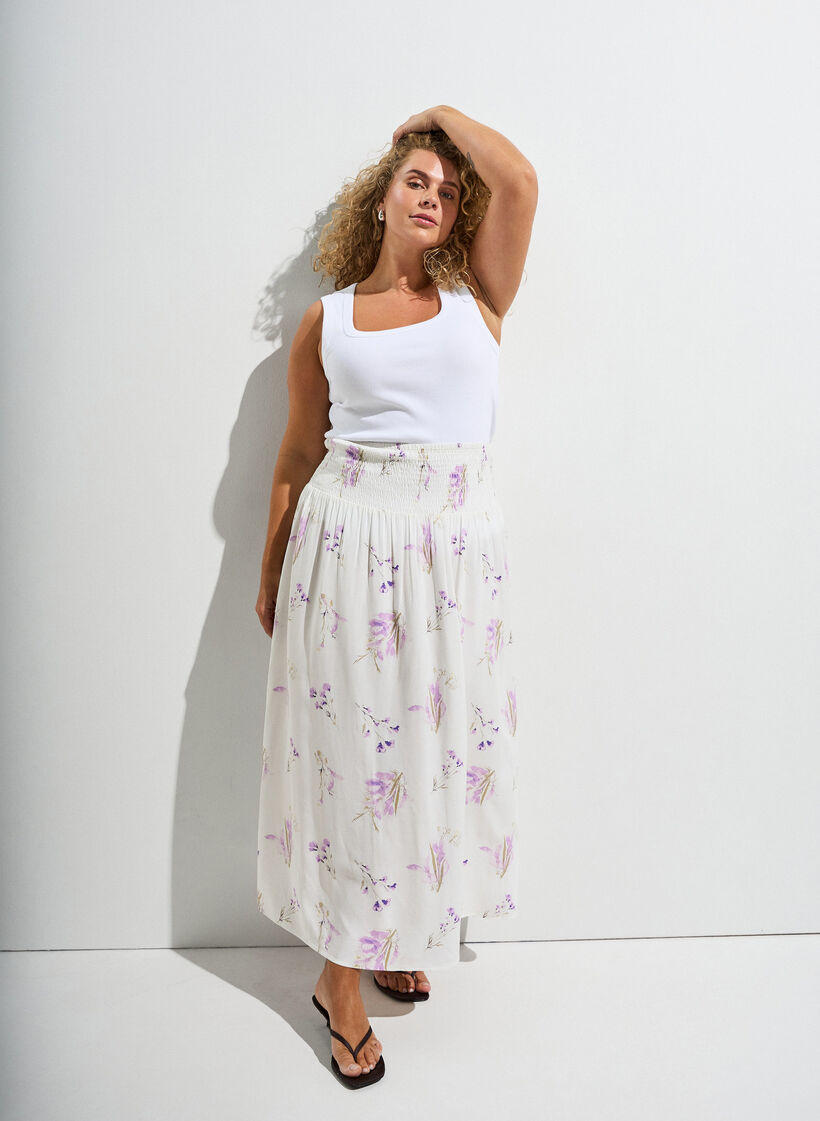 Viscose maxi-rok met smock, Wit, Image image number 0