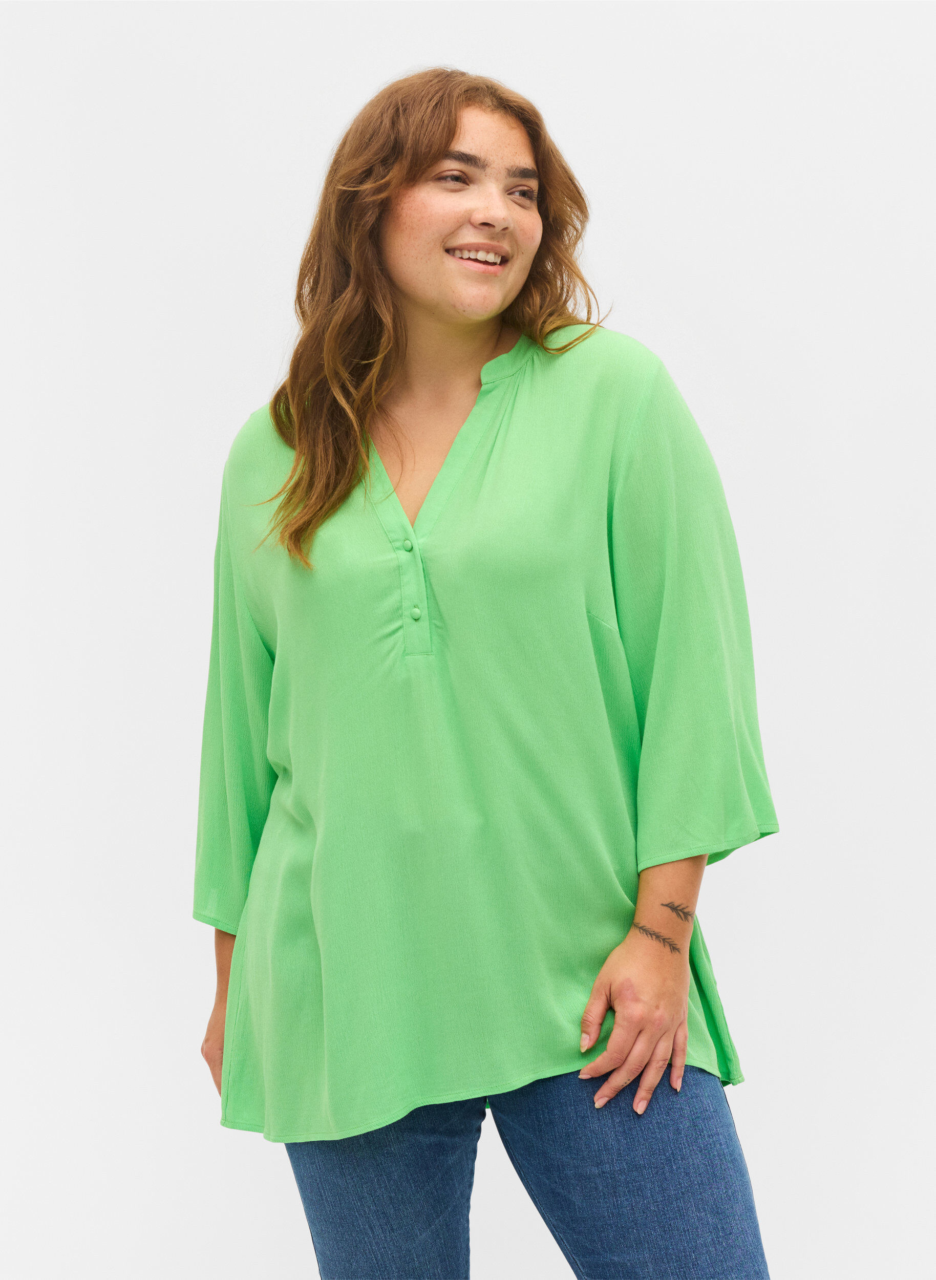 ZizziViscose top met 3.4 mouwen en v-hals, Summer Green, Model image number 0