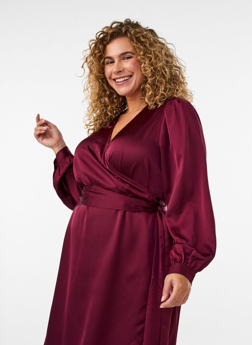 Robe courte en satin avec coupe portefeuille, Bordeaux, Model image number 2
