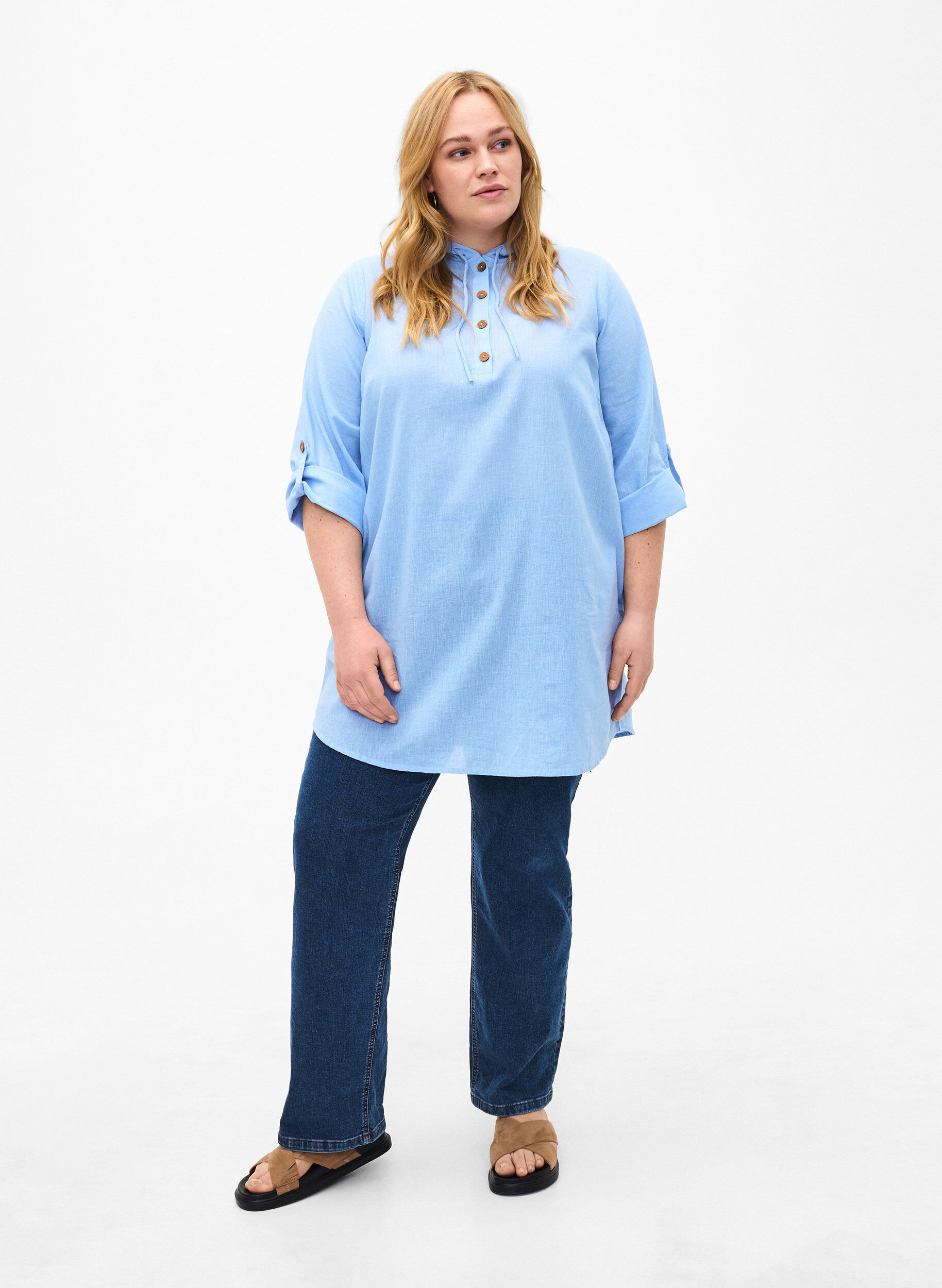 Zizzi Tunique &agrave; capuche en coton et lin, Serenity, Model image number 2