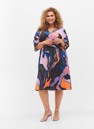Midi-jurk met v-hals in gekleurde print, Big Scale Print, Model image number 2