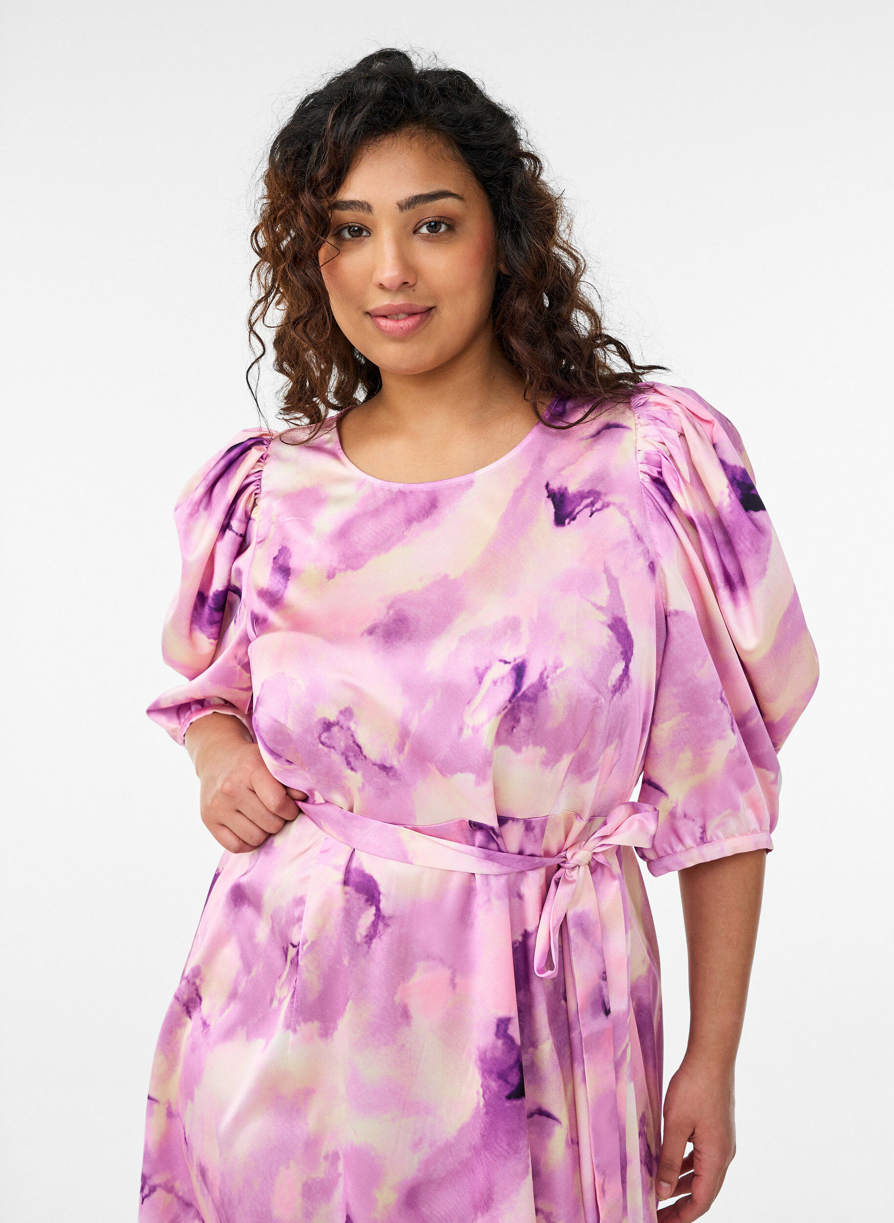 ZizziFeestjurk met korte mouwen en strikceintuur, Paars, Model image number 2