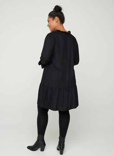 Viscose jurk met koordsluiting, Black, Model image number 1