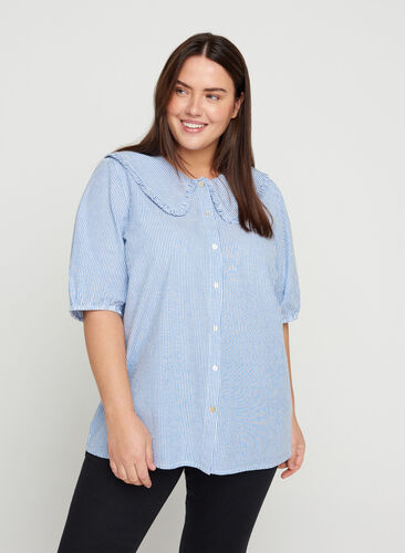Gestreepte blouse met halflange mouwen, Blue Stripe, Model image number 0