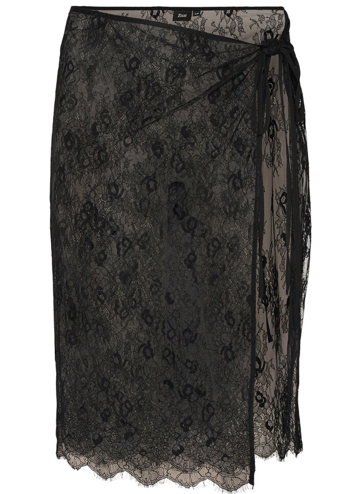 Jupe portefeuille en dentelle &agrave; nouer, Noir, Packshot image number 0