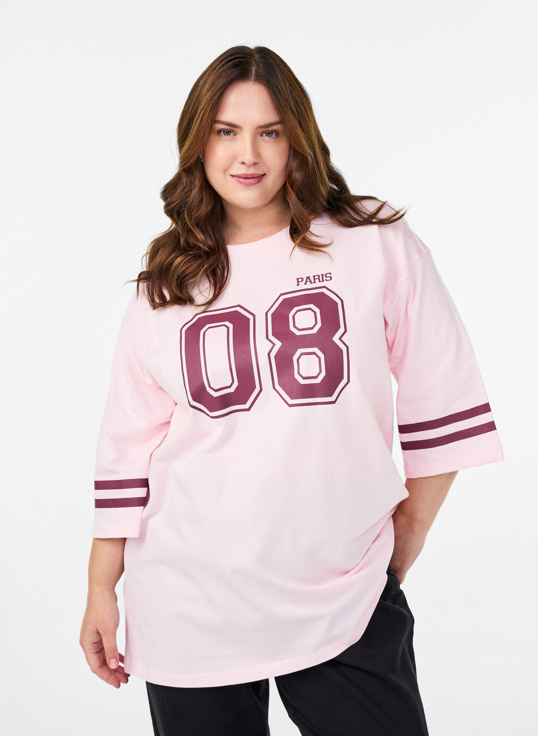 T-shirt college oversize &agrave; manches 3/4, Rose, Model