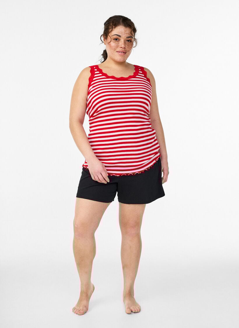 Top ray&eacute; &agrave; texture c&ocirc;tel&eacute;e avec finition en dentelle, Rose, Model image number 1