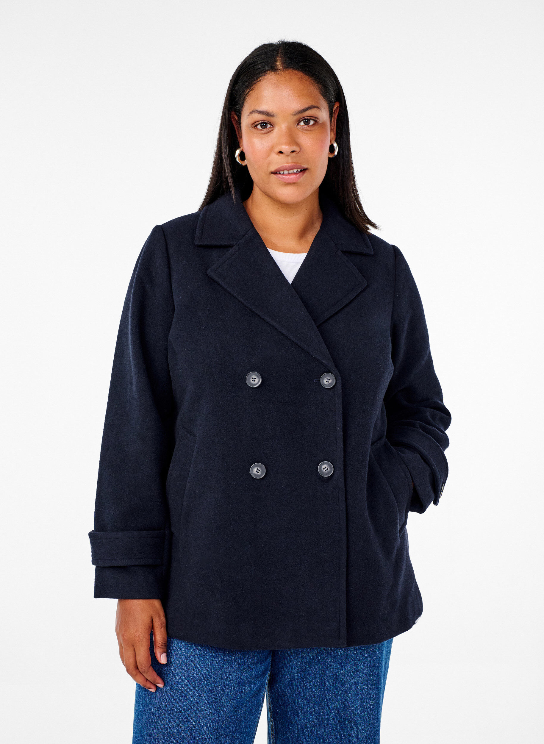 Zizzi Manteau court en laine et avec poches, Dark Navy, Model image number 0