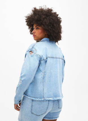 Veste en jean courte avec effet usé, Light Blue Denim, Model image number 1