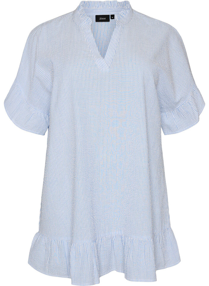 Tunique en coton &agrave; rayures et avec volants, Bleu Clair, Packshot image number 0