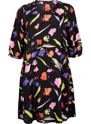 Viscose jurk met print en 3/4 mouwen, Faded Tulip AOP, Packshot image number 0