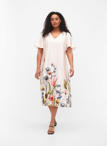 	 Taille jurk met bloemenprint en korte mouwen, White Sand, Model image number 0