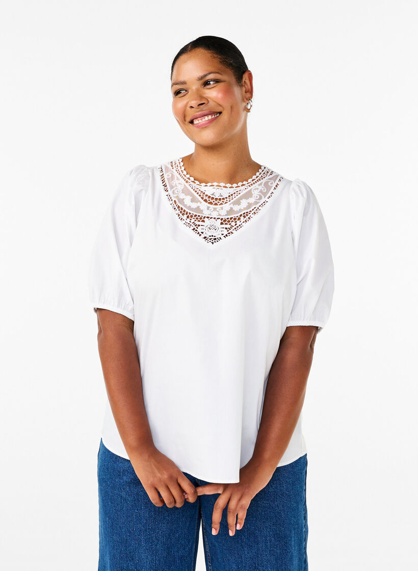 Blouse met korte mouwen en kant detail, Bright White, Model image number 0