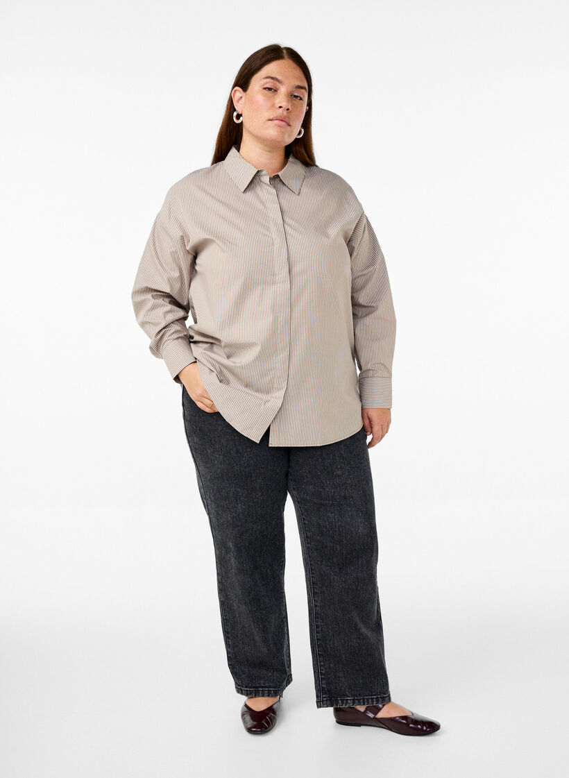 Chemise rayée ample à manches longues, Marron, Model image number 1