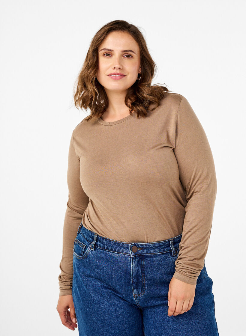 Blouse met lange mouwen van wol en viscose, Bruin, Model image number 0