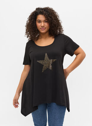 Katoenen t-shirt met korte mouwen en a-lijn, Black w. Gold Star, Model image number 0