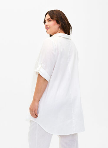 Tunique à manches courtes en coton mélangé avec du lin, Bright White, Model image number 1