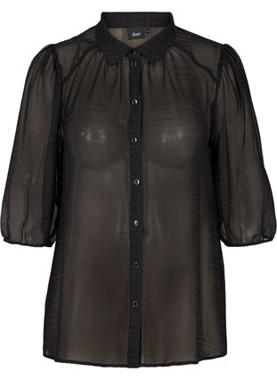 Transparante blouse met 3/4 pofmouwen, Black, Packshot image number 0
