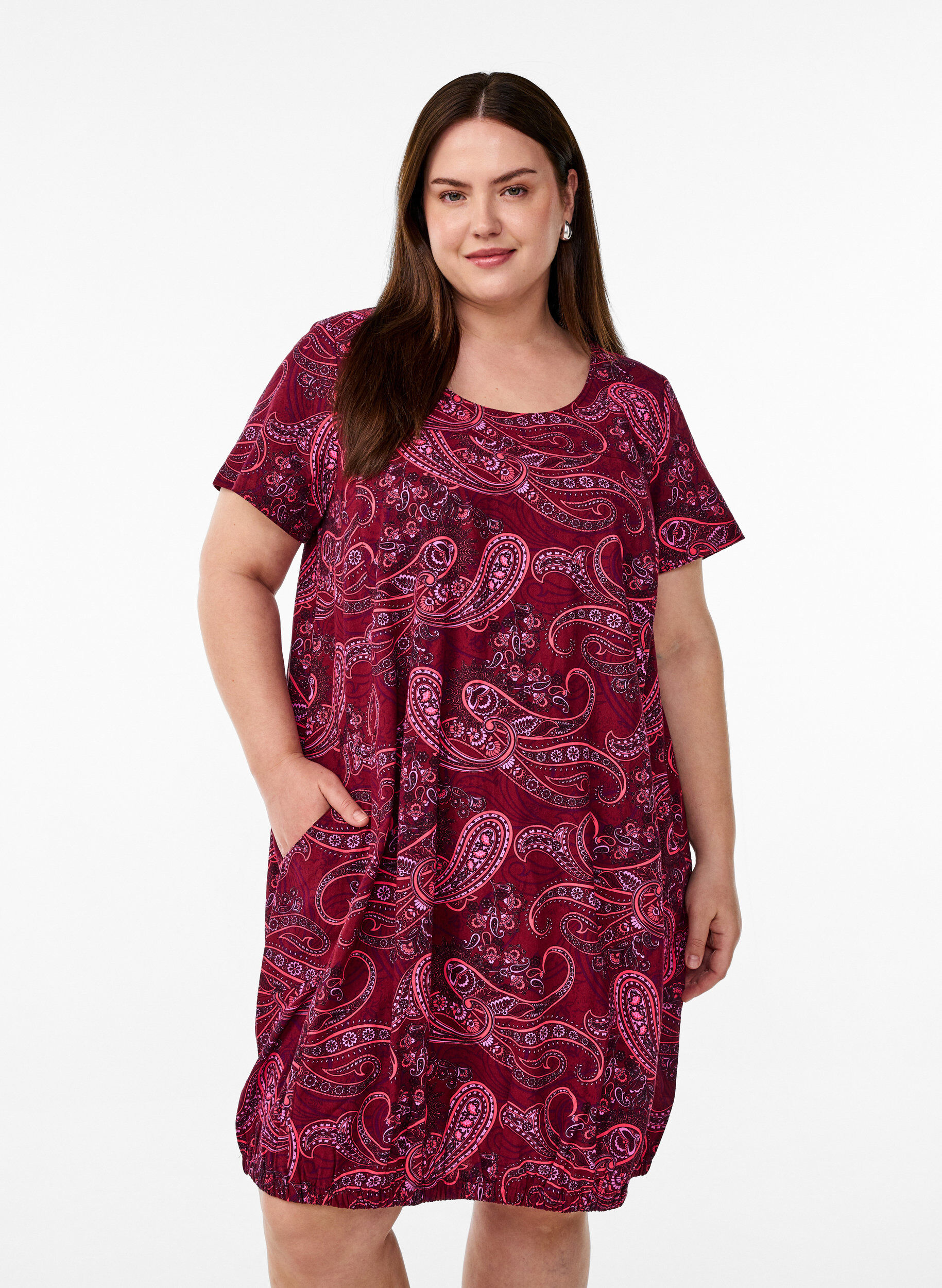Katoenen jurk met korte mouwen en print, Rood, Model