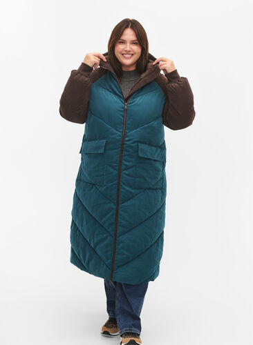 Veste d'hiver longue à capuche avec blocs de couleurs, Deep Teal Comb, Model image number 3