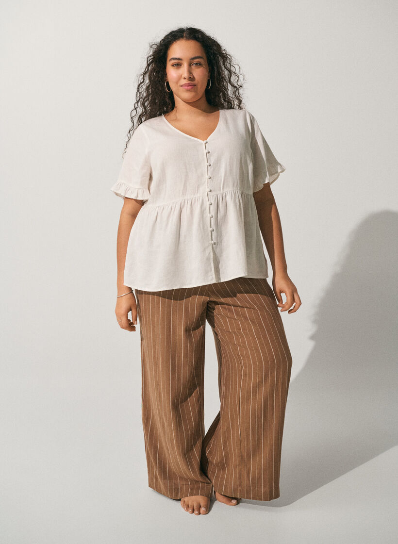 Blouse in linnen en viscose met een V-hals en knoopsluiting, Wit, Image image number 0