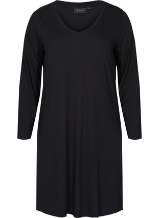Effen jurk met v-hals en lange mouwen, Black, Packshot image number 0