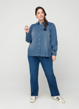Denim blouse met pofmouwen, Blue denim, Model image number 3