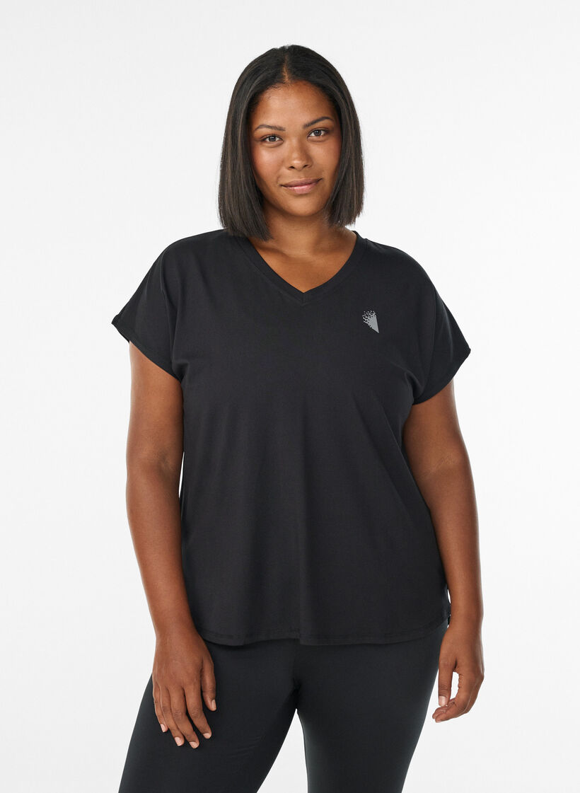 Sportief t-shirt met korte mouwen en v-hals, Zwart, Model