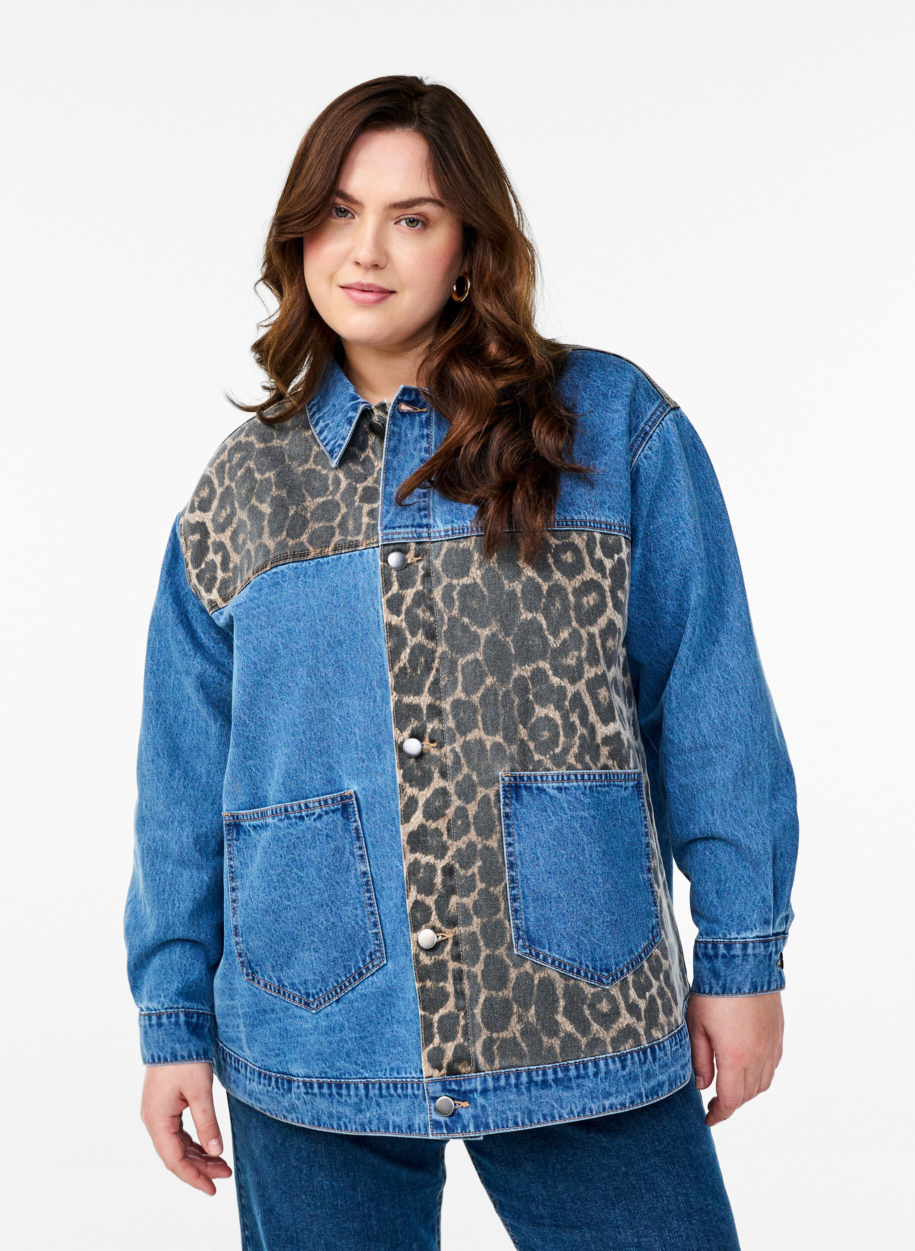 ZizziDenim shirt met luipaardprint details, Blauw, Model image number 0