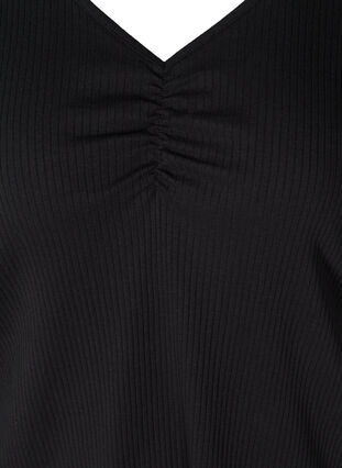 Blouse met lange mouwen, rib en v-hals, Black, Packshot image number 2