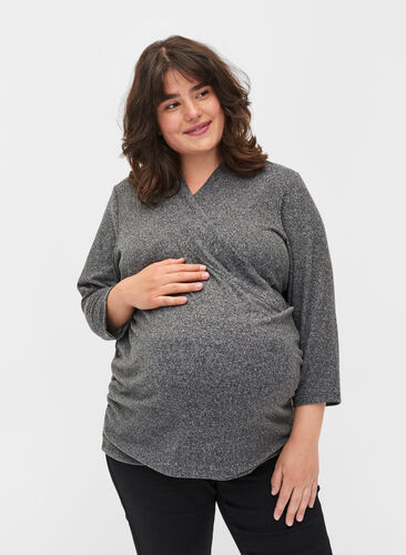Blouse de grossesse à manches 3/4 et col V, Dark Grey Melange, Model image number 0