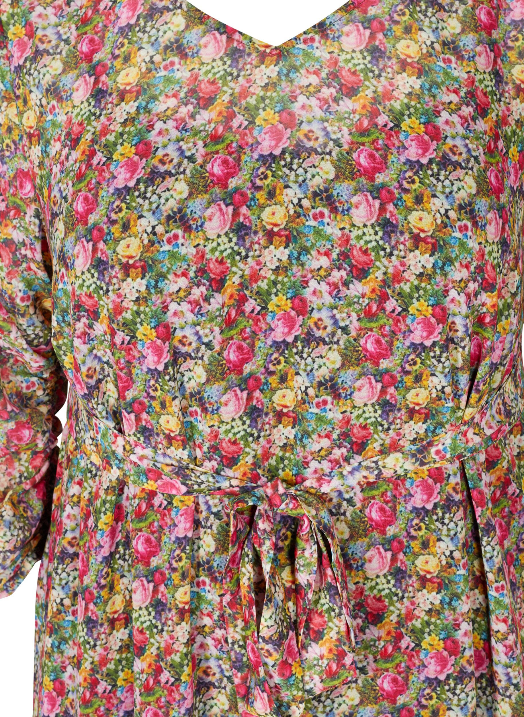 ZizziGebloemde midi-jurk met striksluiting in de taille, Pink Flower AOP, Packshot image number 2