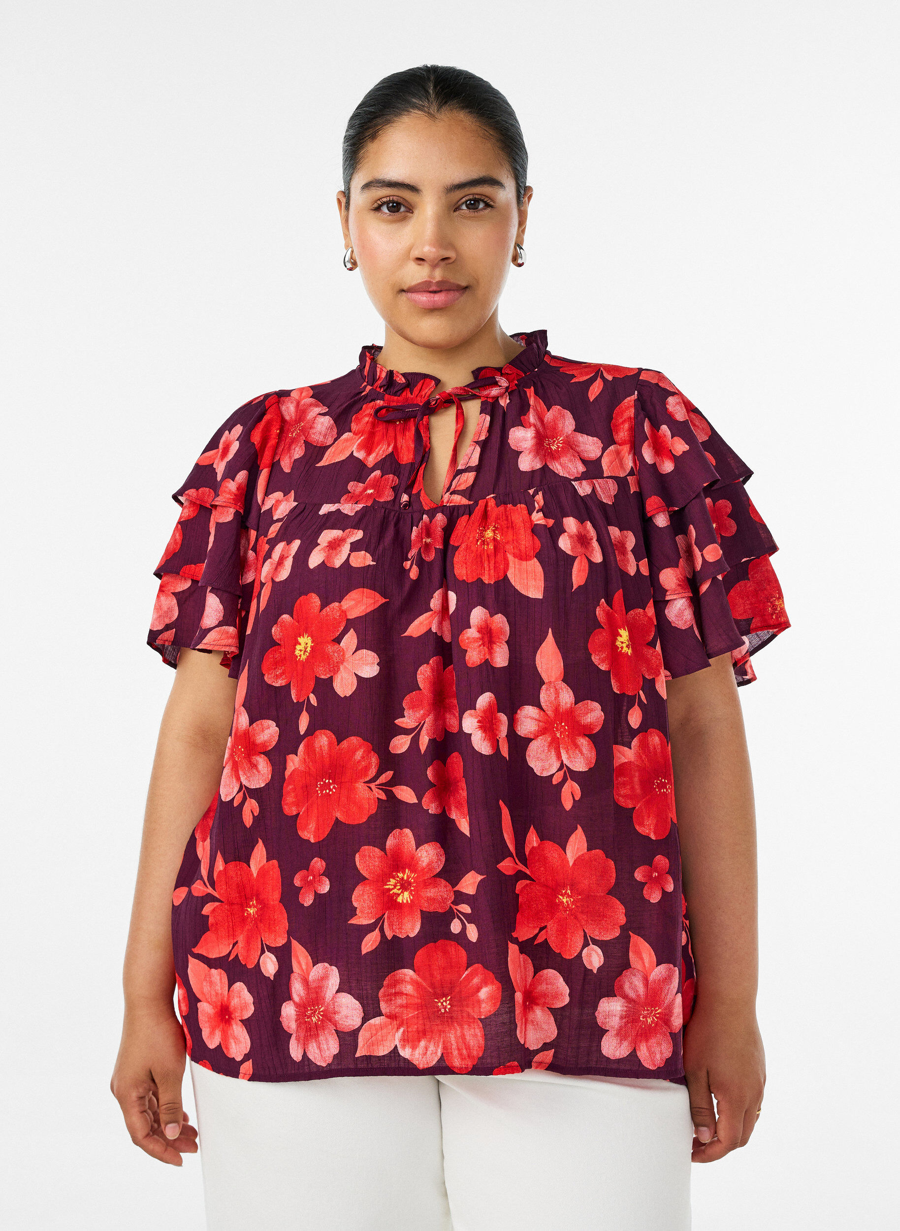 ZizziFloral viscose blouse met ruches mouwen, Paars, Model image number 0