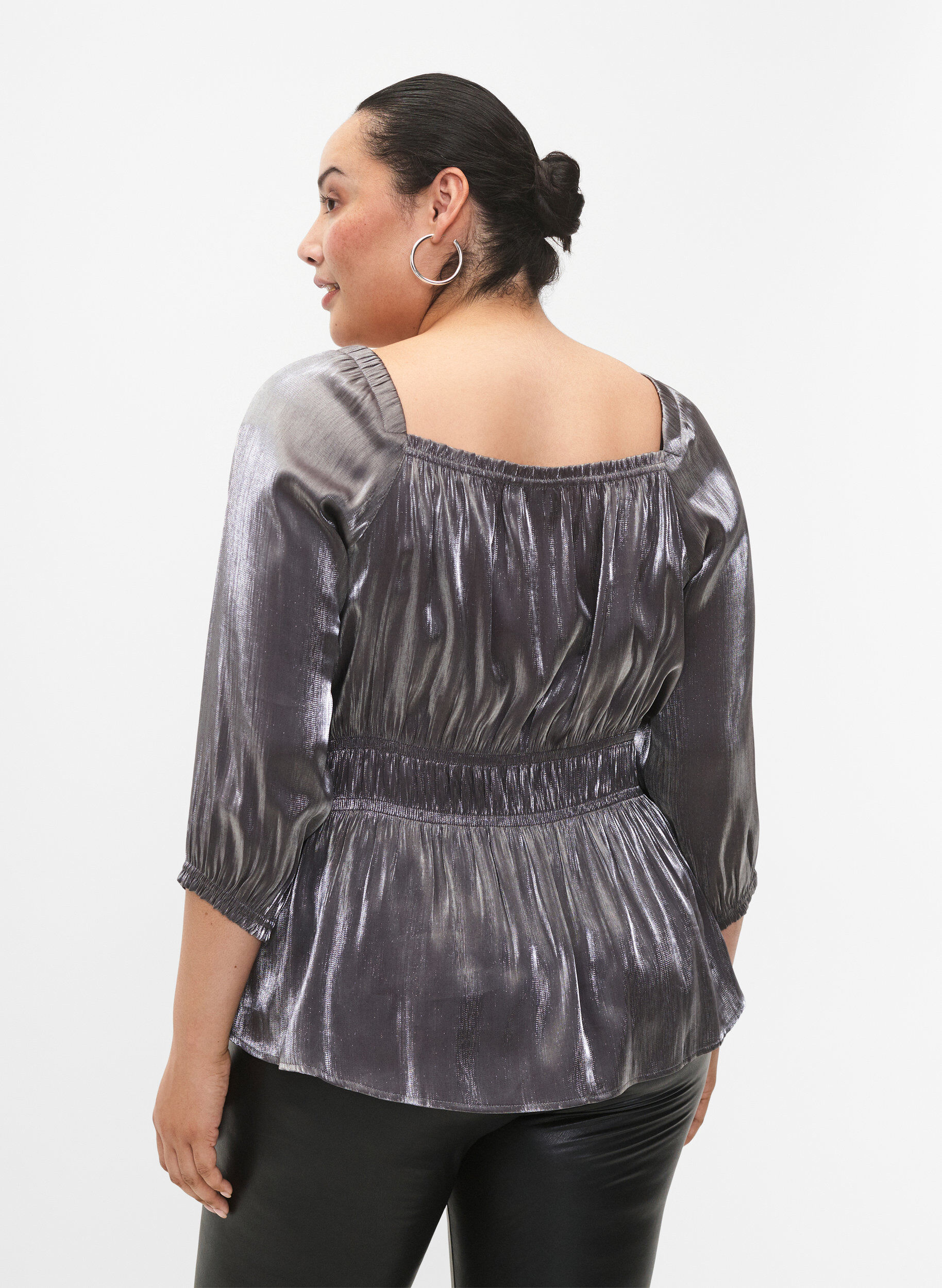 ZizziZilverkleurige blouse met 3/4 mouwen en smok, Dark Silver, Model image number 1