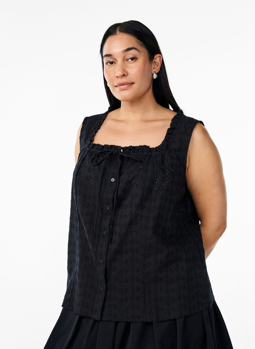 Mouwloze blouse met broderie anglaise en ruches, Zwart, Model image number 0