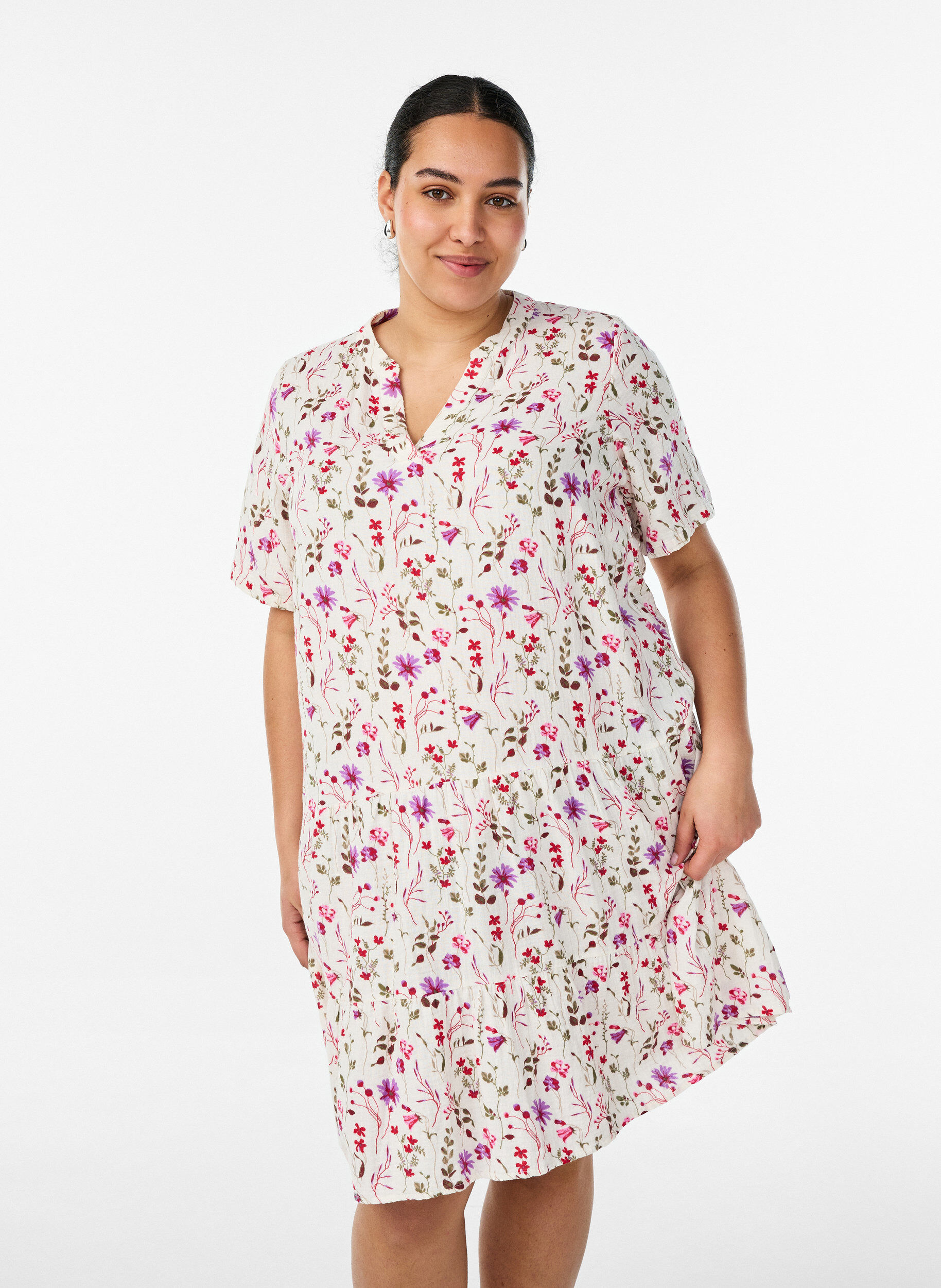 Robe courte &eacute;vas&eacute;e en mousseline de coton, Beige, Model