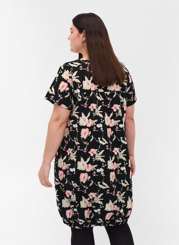 Katoenen jurk met korte mouwen en print, Black Rose Flowers, Model image number 1
