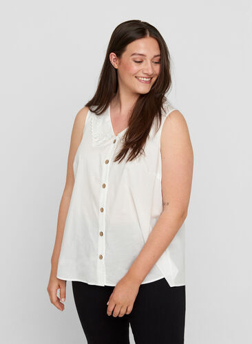 Mouwloze blouse in katoen, Bright White, Model image number 0