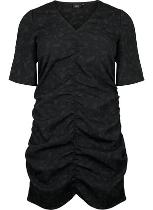 Jurk met korte mouwen, gestructureerde stof en draperieën, Black, Packshot image number 0
