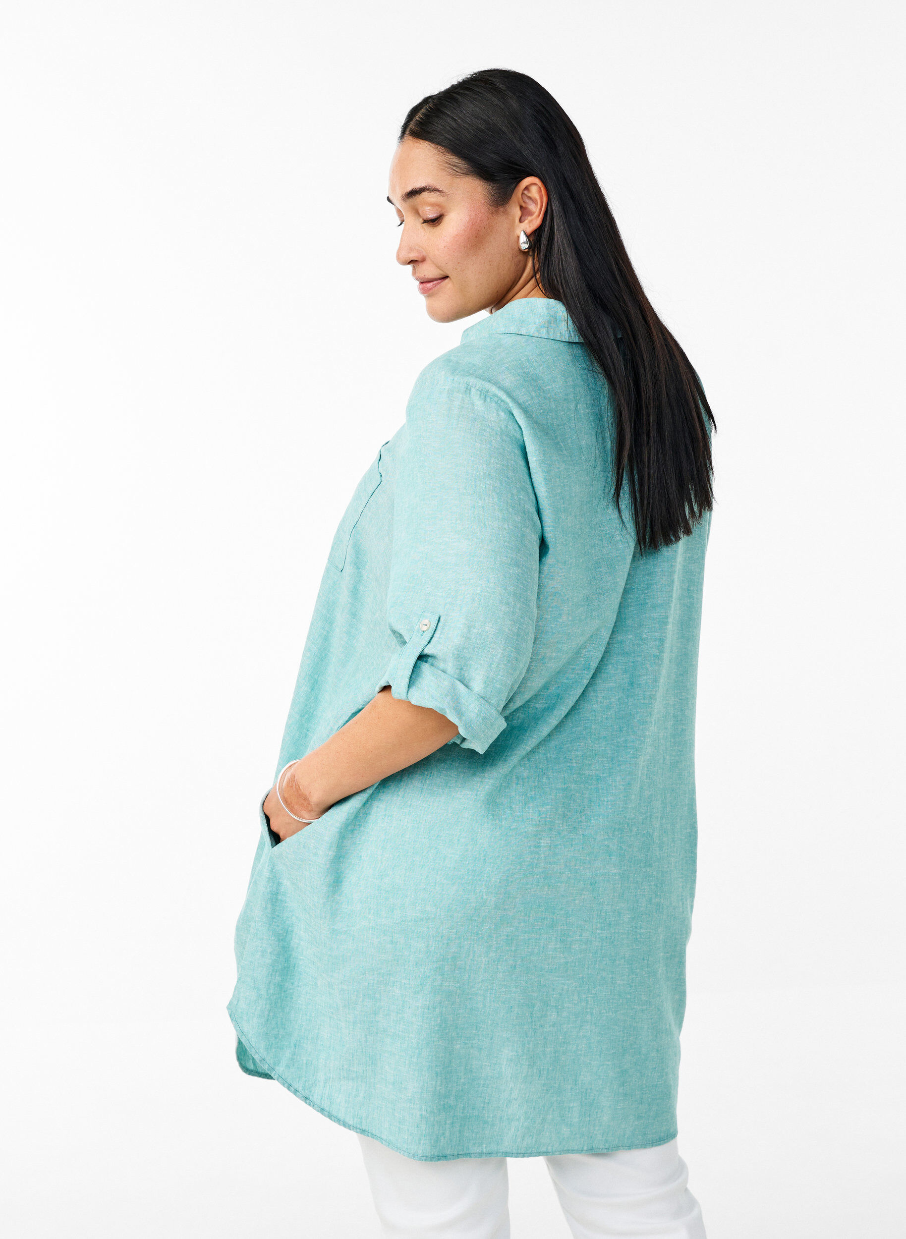 ZizziTuniek van linnen en viscose met A-vorm, Blauw, Model image number 2