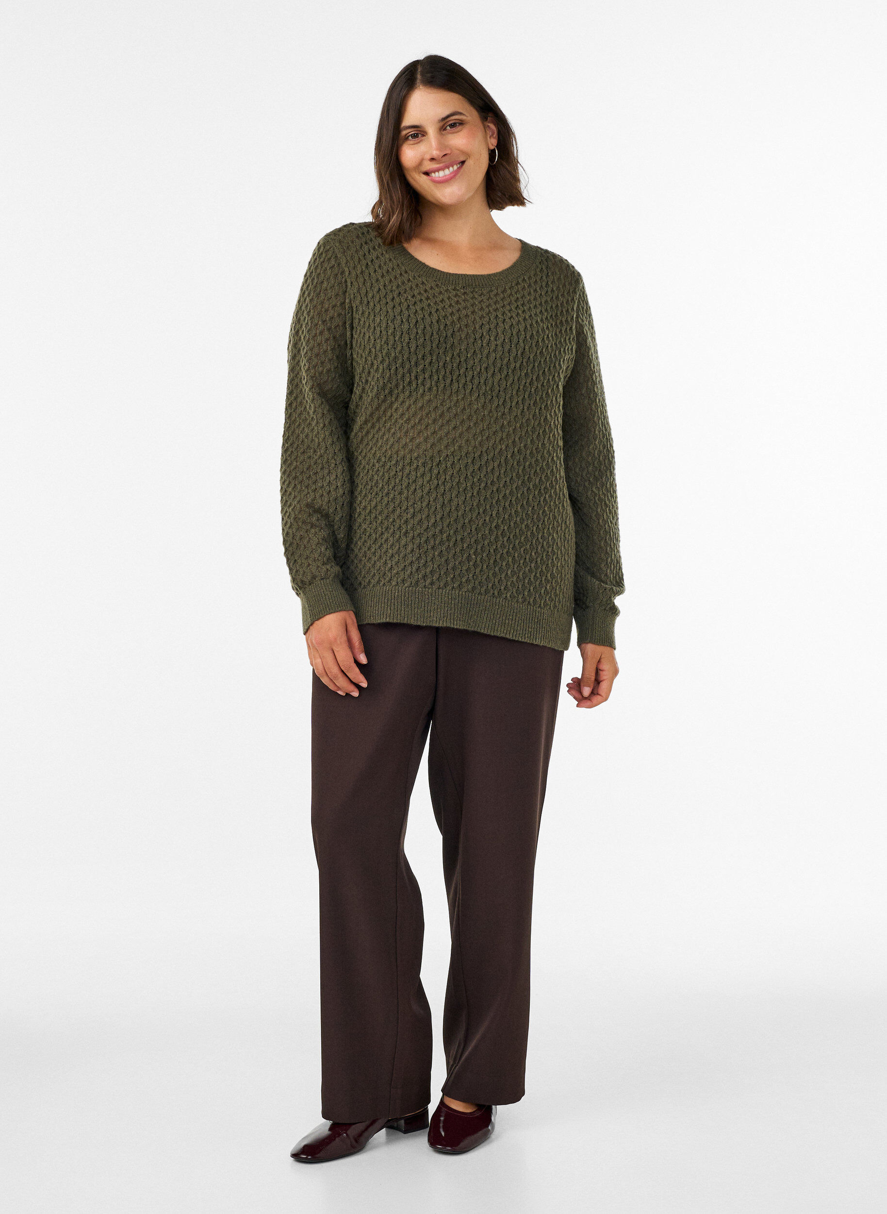 ZizziGebreide blouse met een opengewerkt structuurpatroon, Groen, Model image number 1
