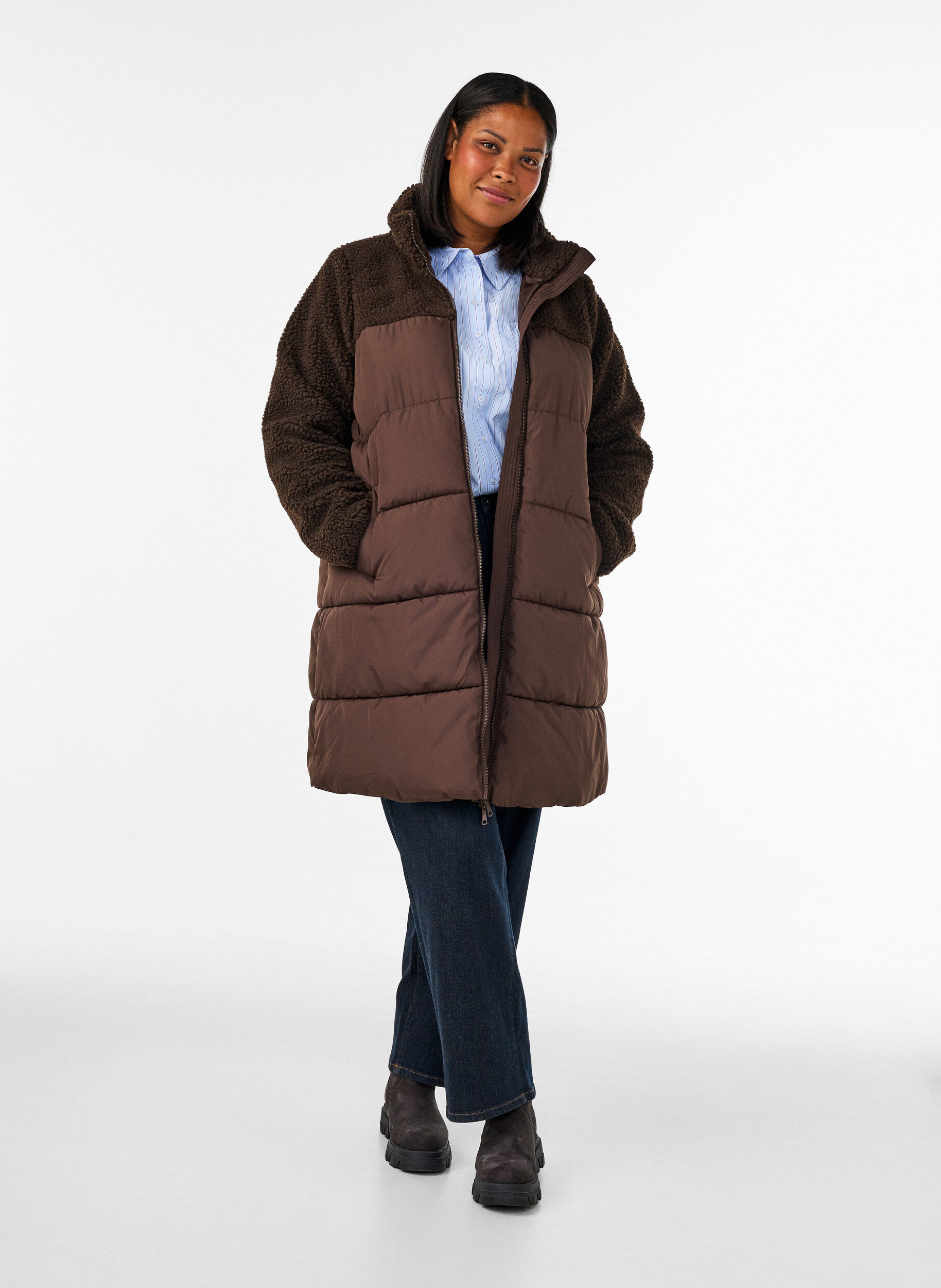 ZizziDoudoune mi-longue avec polaire teddy, Marron, Model image number 1