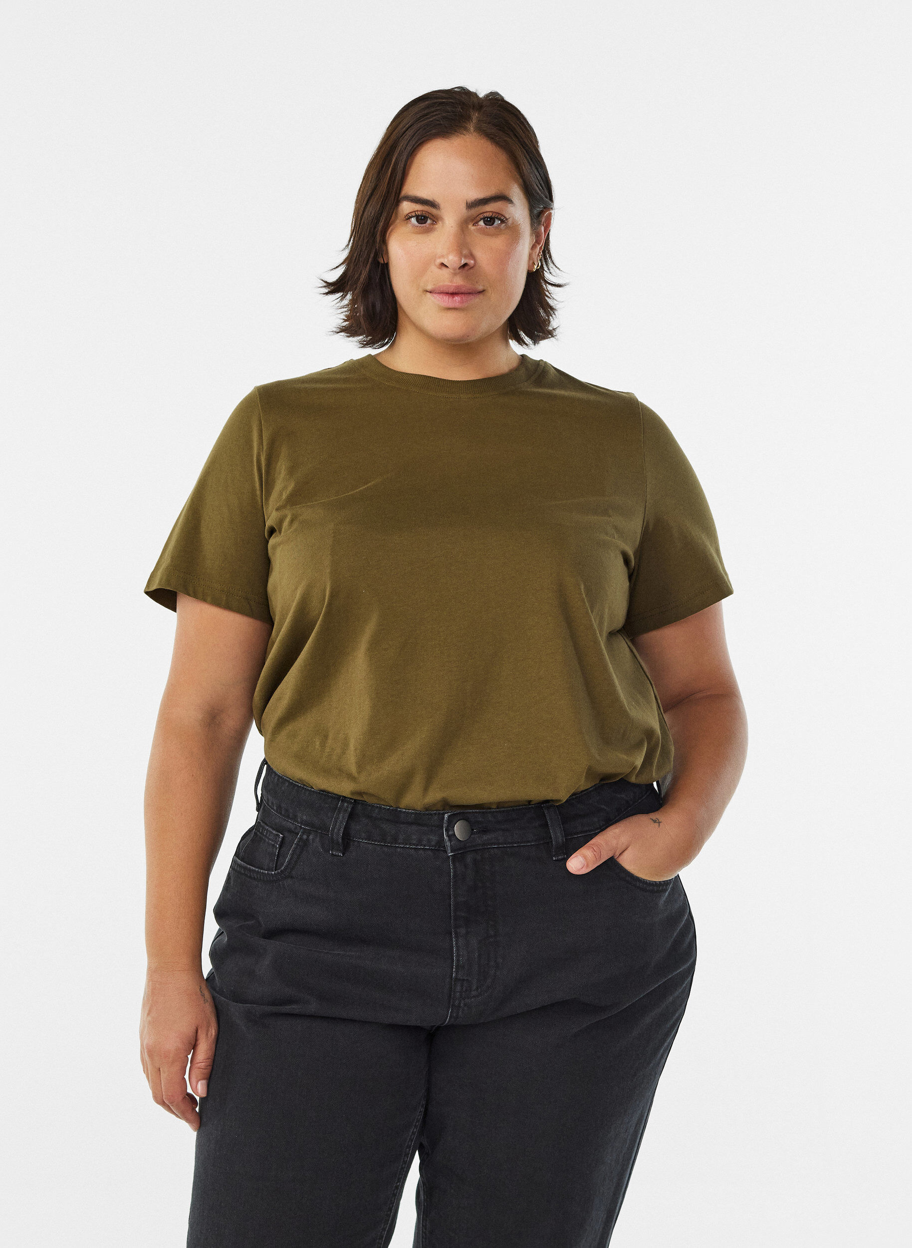 ZizziT-shirt basique en coton &agrave; col rond, Vert fonc&eacute;, Model image number 0