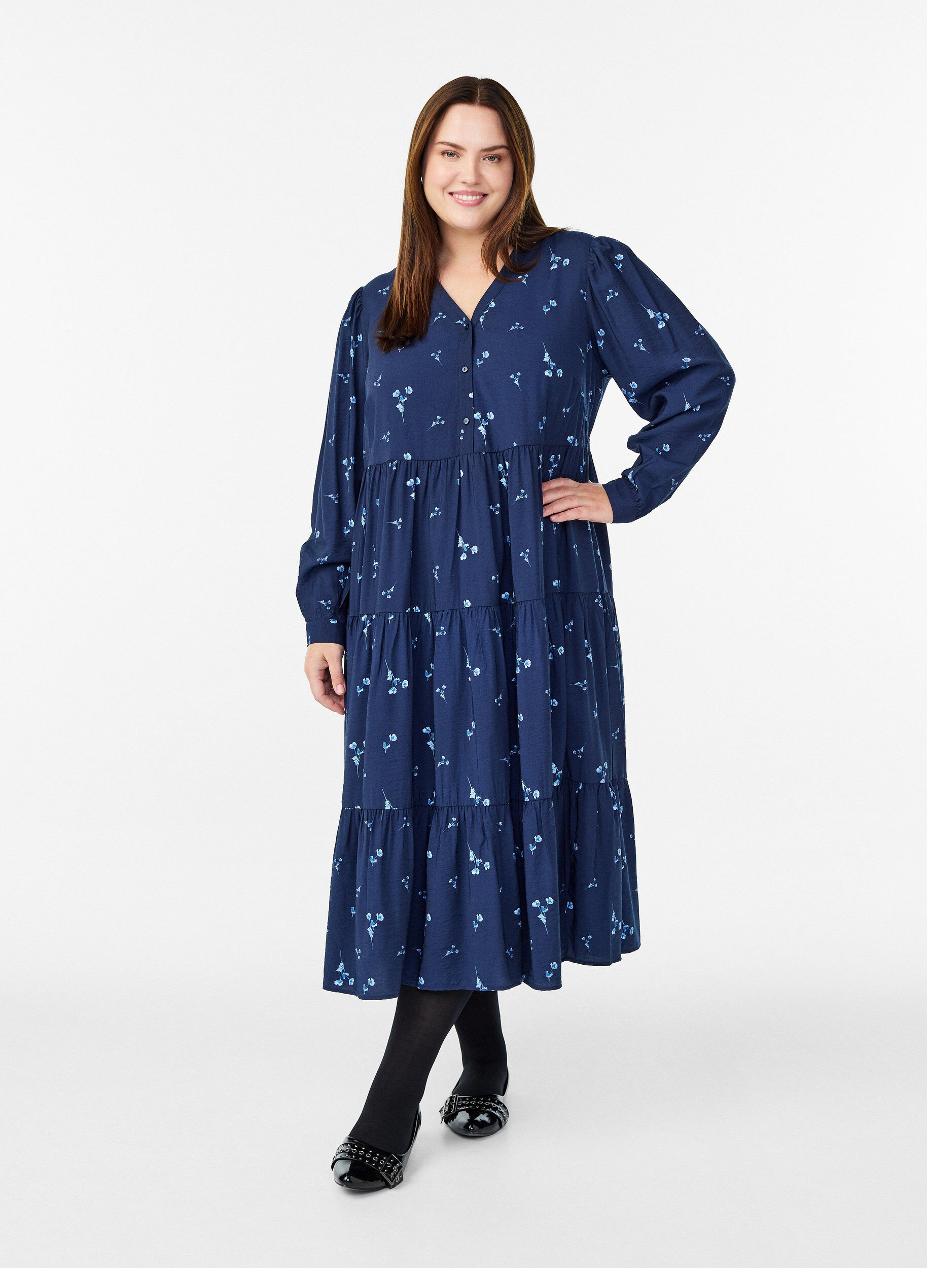 Robe midi avec col en V et coupe &eacute;vas&eacute;e, Bleu, Model